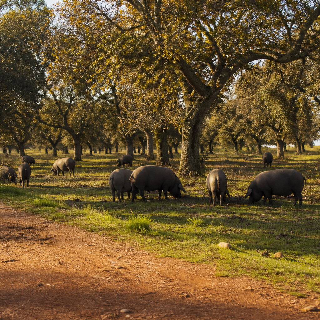 Cerdos ibéricos en montanera bajo encinas en la dehesa de Los Pedroches