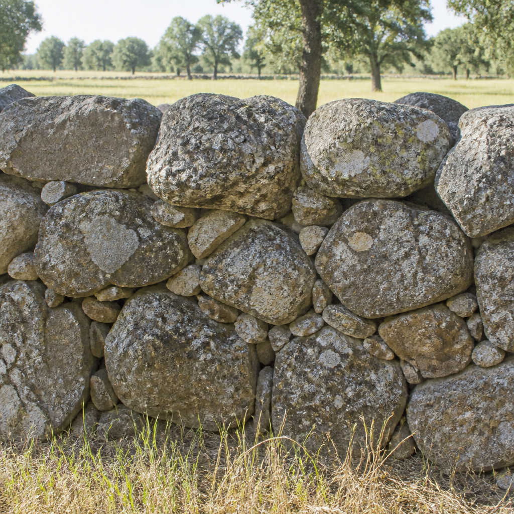 Muro tradicional de piedra seca de granito en Los Pedroches