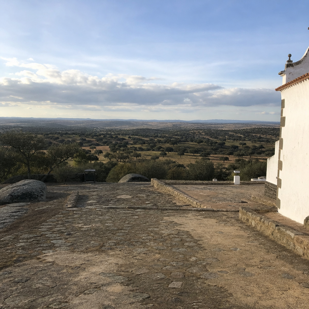Vista de encinas, parcelas y cercados desde la ermita de San Sebastián en Dos Torres