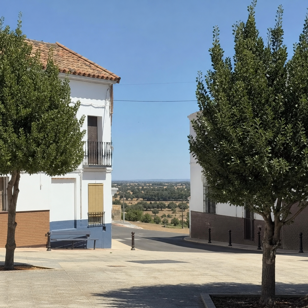 Plaza de la Villa de Dos Torres, inicio de la ruta Dehesa y Ganadería