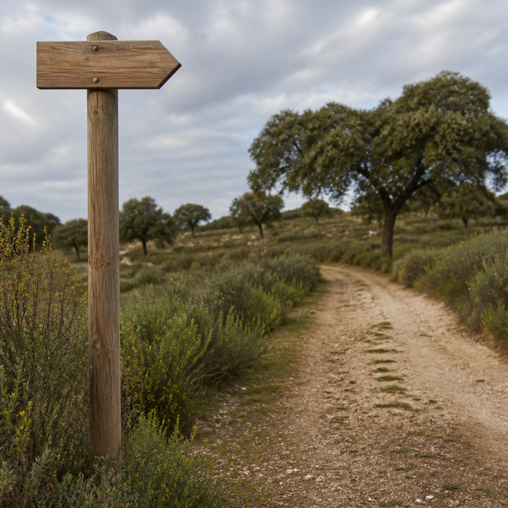 Camino Viejo a El Guijo con señalización de madera en la dehesa de Dos Torres