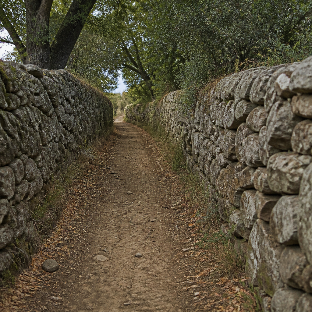 Callejón de piedra seca de granito en la ruta de la dehesa de Dos Torres
