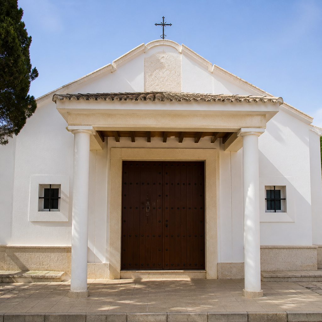 Puerta principal y pórtico con cruces de forja de la Ermita del Calvario, Doña Mencía