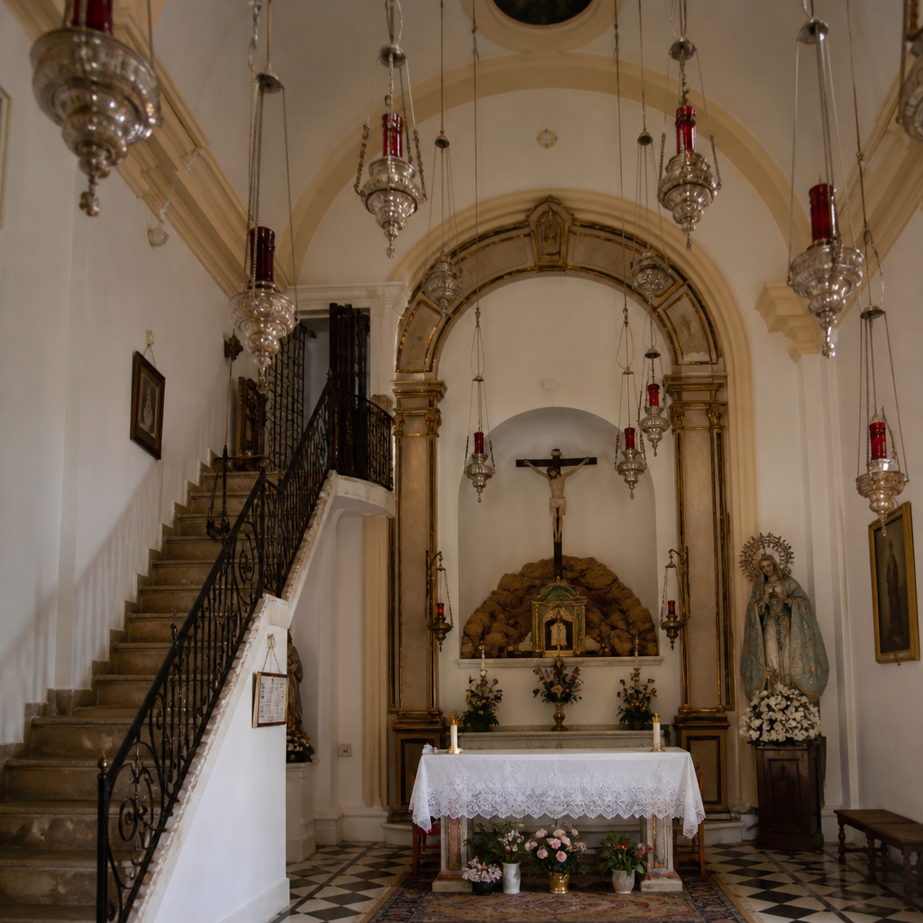 Nave, altar y baranda del camarín en la Ermita del Calvario de Doña Mencía
