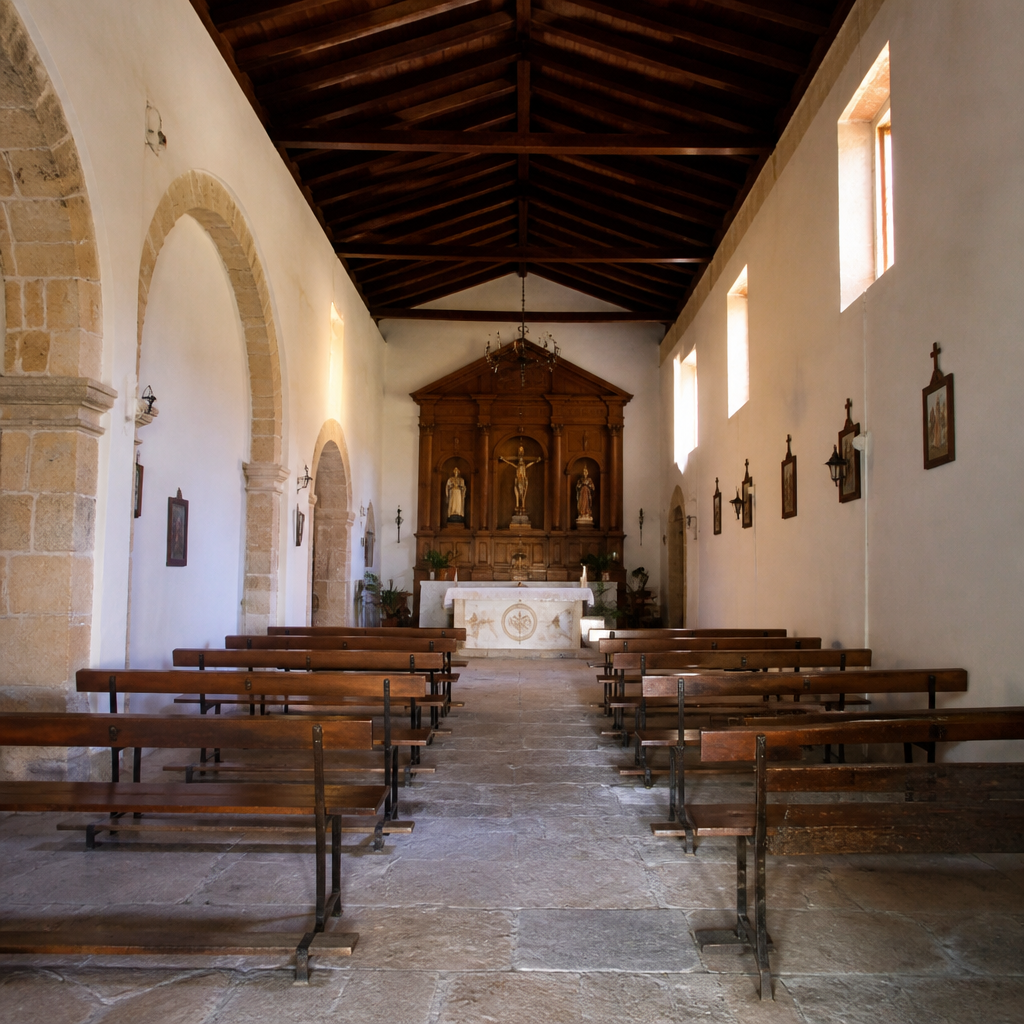 Nave central y retablo de madera de la Ermita del Espíritu Santo de Doña Mencía