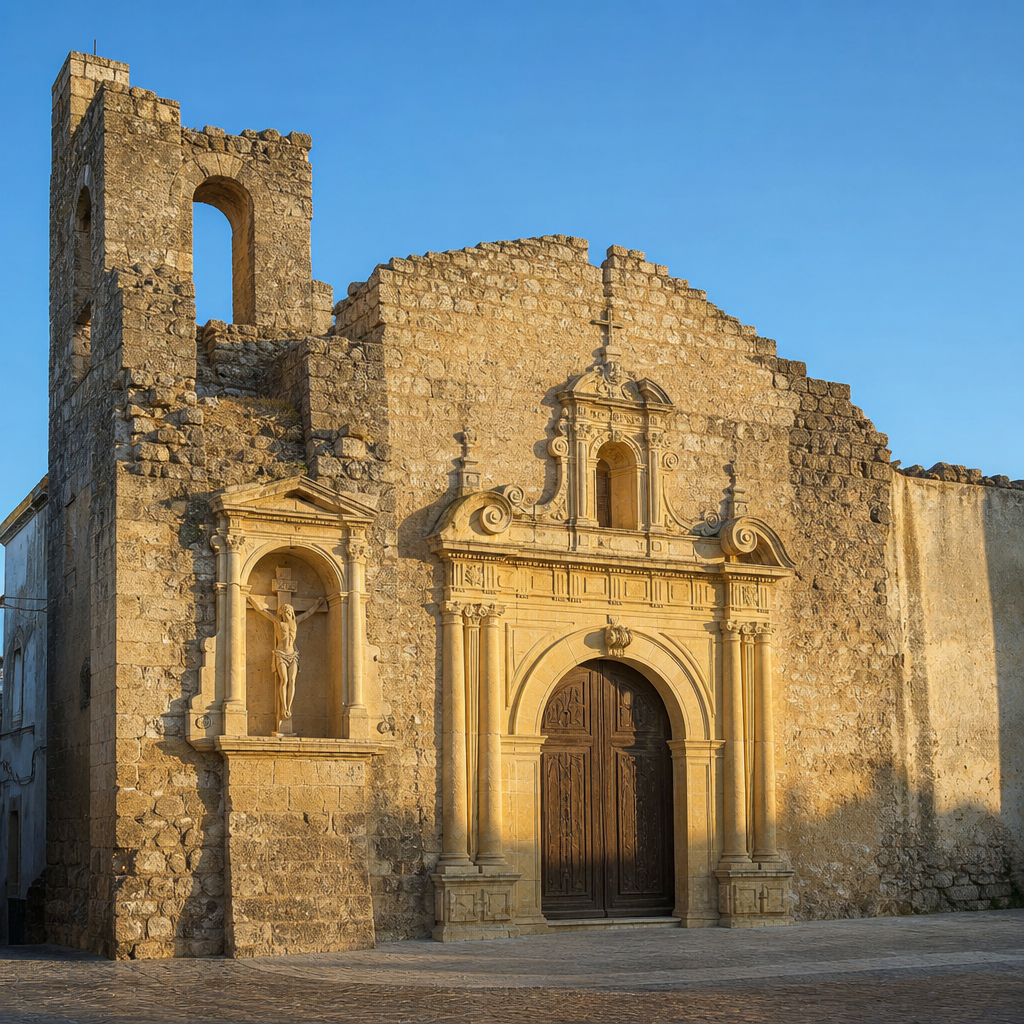 Portada y hornacina con Cristo de piedra de la Iglesia Vieja de Doña Mencía
