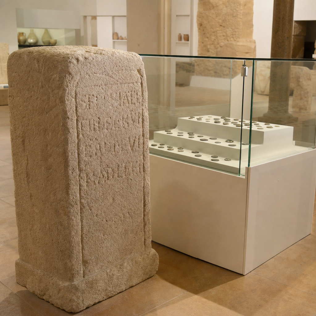 Cipo romano y vitrina numismática del Museo Histórico-Arqueológico de Doña Mencía