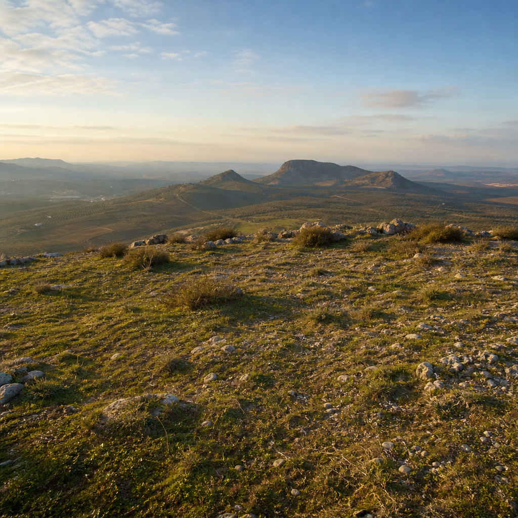La meseta amplia de El Laderón y el paisaje de Doña Mencía al fondo.