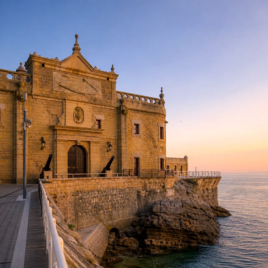 Recreación ilustrativa: Fachada histórica del Aquarium Donostia junto al puerto y el Paseo Nuevo
