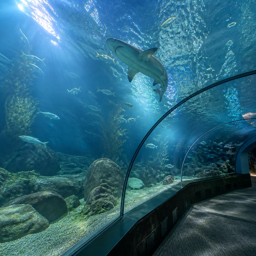 Recreación ilustrativa: Túnel 360 del Aquarium Donostia con peces alrededor