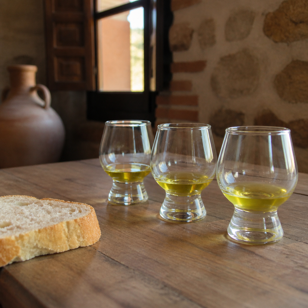 Tres muestras de aceite en una mesa de cata en Priego de Córdoba.