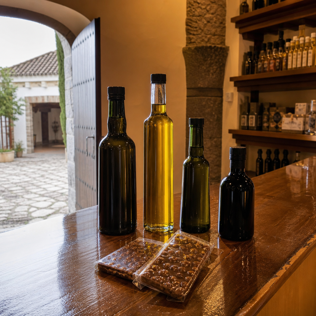 Botellas de aceite y turrolate en la tienda de la almazara de Carcabuey.