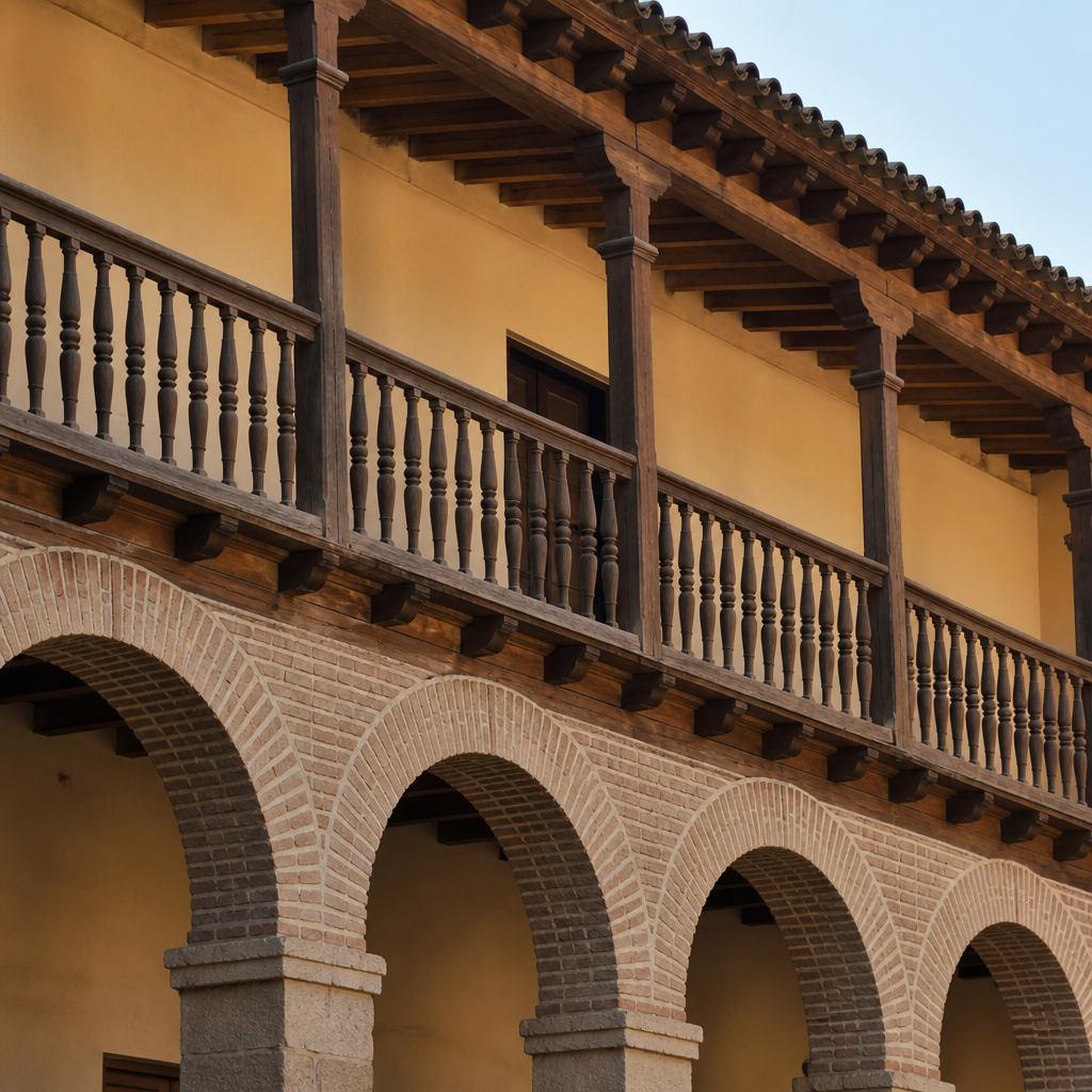 Galería de madera sobre los arcos de los soportales.