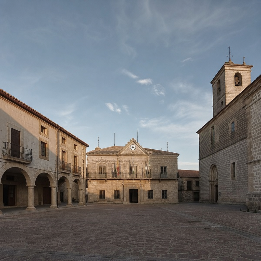 La plaza de la Villa, enmarcada por la cárcel, el ayuntamiento y la parroquia.