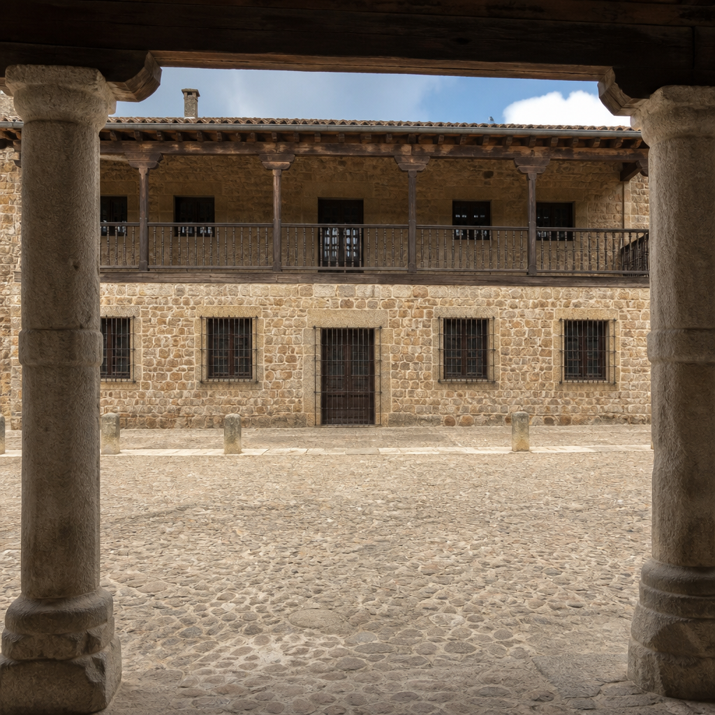 La antigua cárcel vista desde sus soportales, entre los pilares.