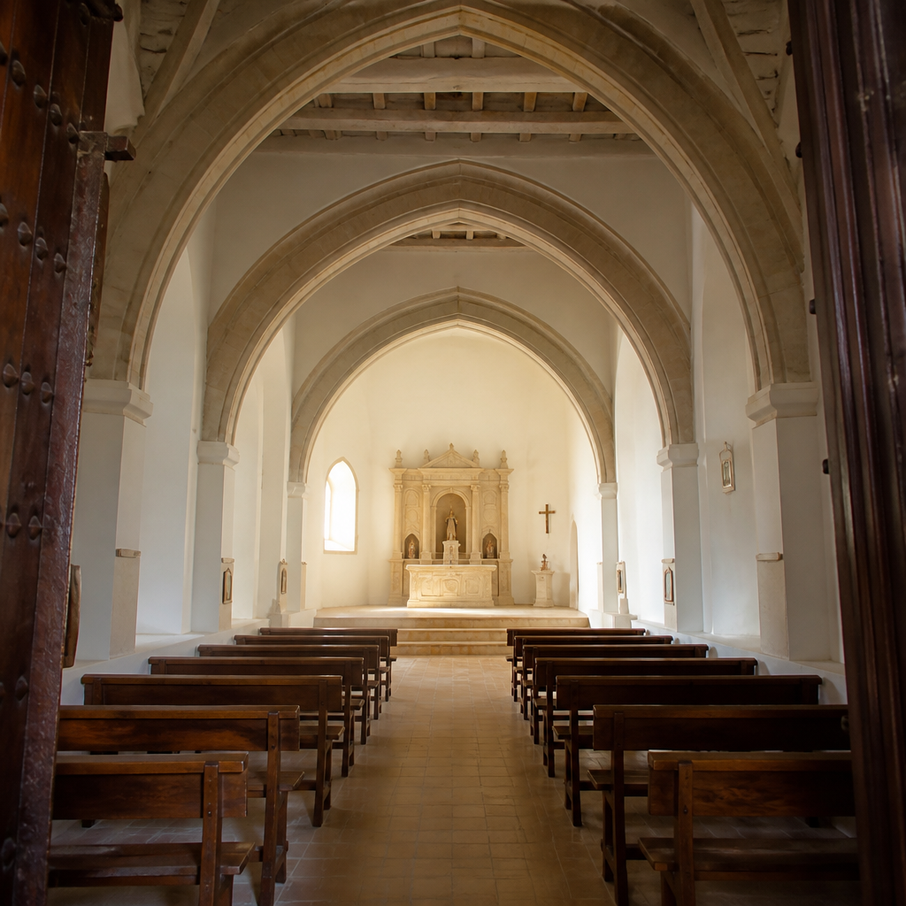 Nave única de la Ermita de San Bartolomé de Dos Torres con arcos fajones