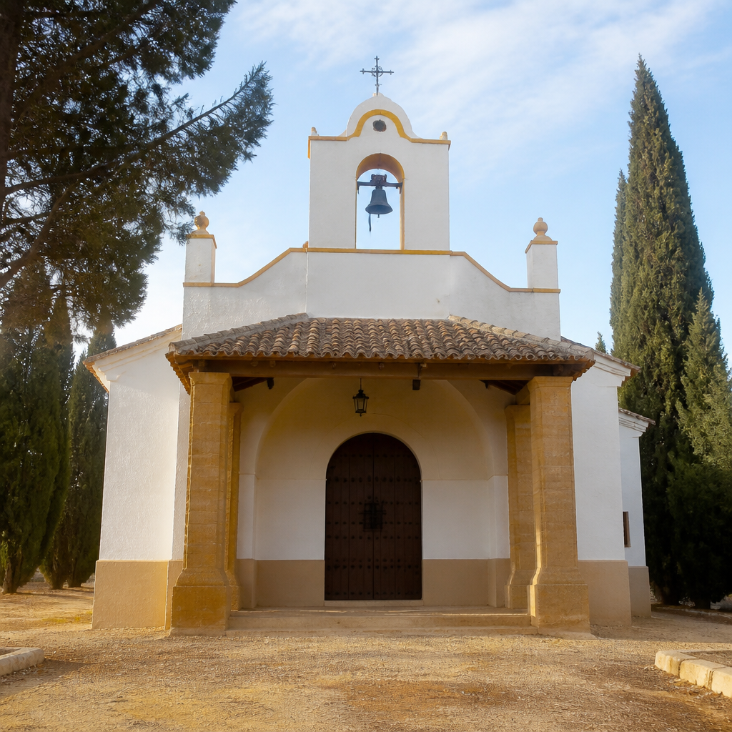 Portada con pórtico y espadaña de la Ermita de San Sebastián, Dos Torres