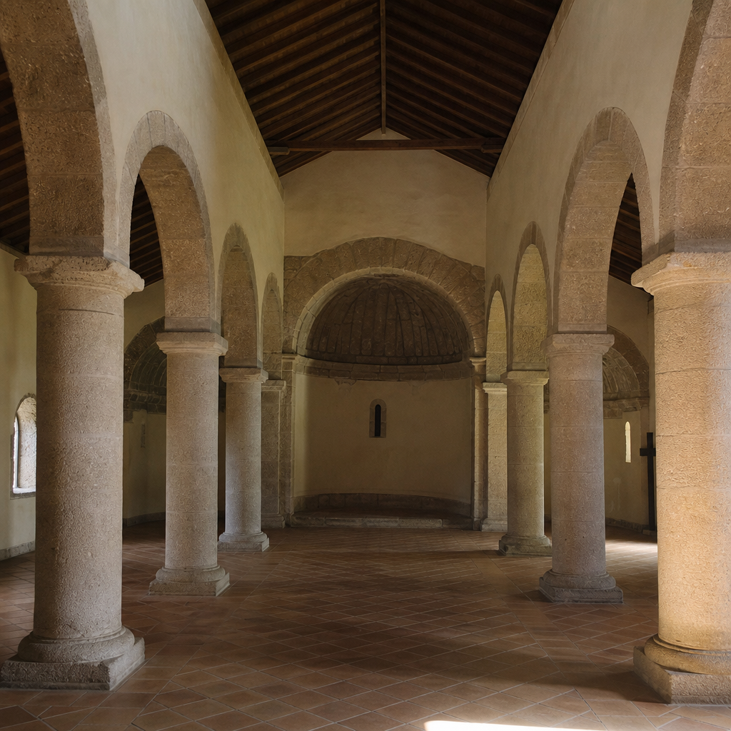 Naves y arquerías del interior de la Ermita de San Sebastián de Dos Torres
