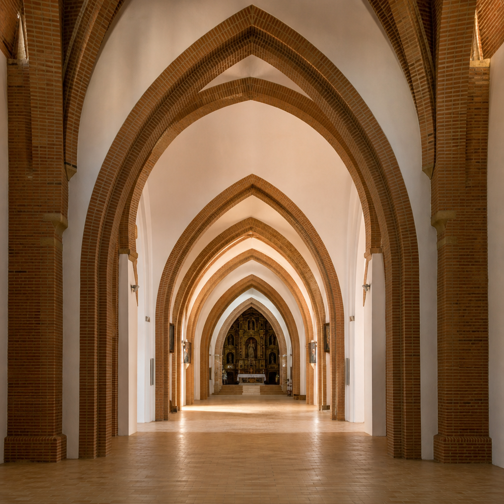 Nave con arcos de ladrillo de la Iglesia de Santiago Apóstol en Dos Torres