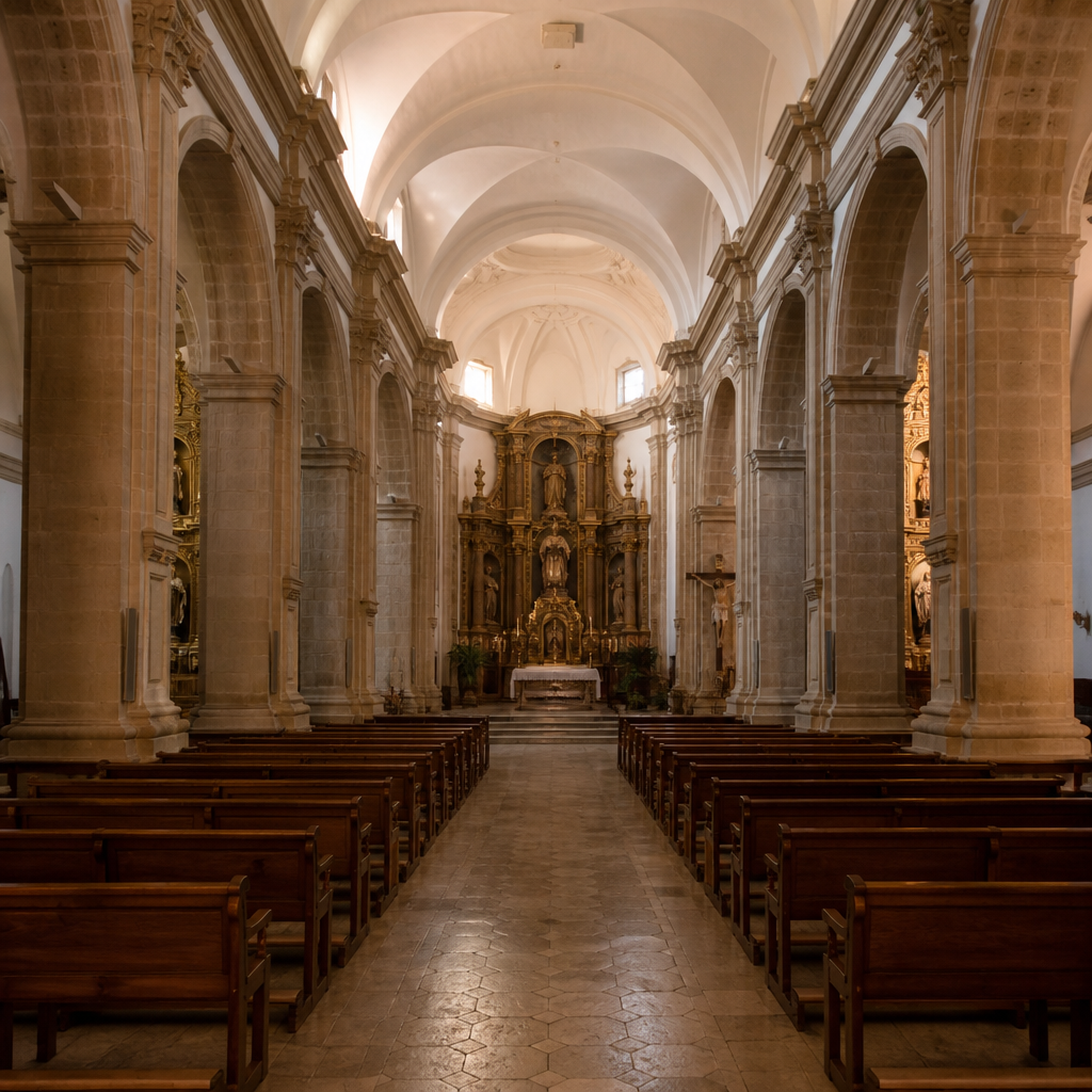 Nave y presbiterio de la iglesia de la Asunción de Dos Torres, con capillas laterales
