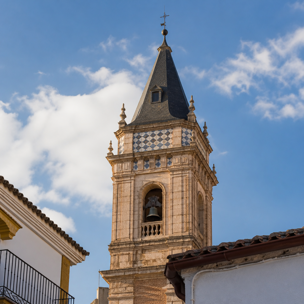 Torre campanario con chapitel de pizarra de la iglesia de la Asunción en Dos Torres