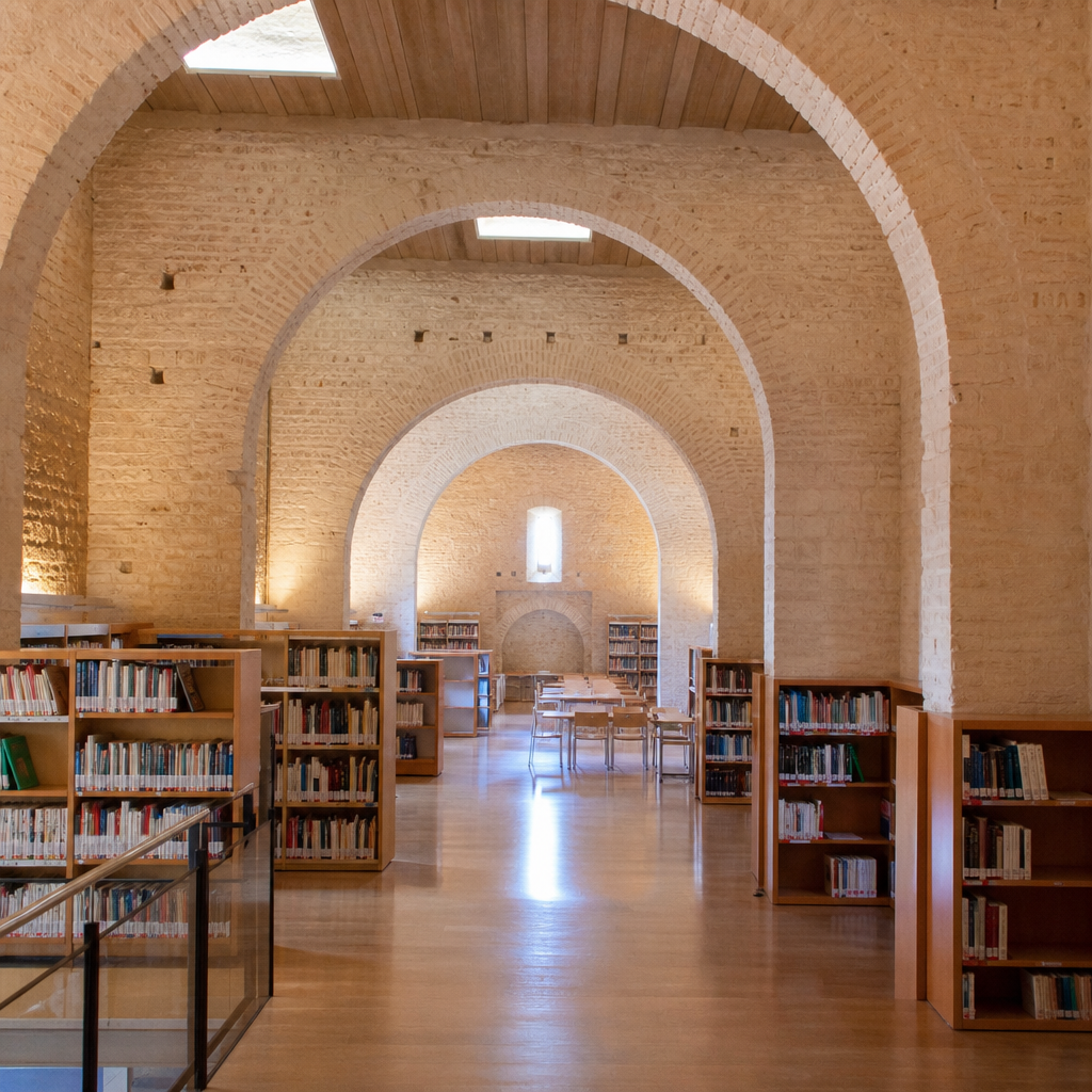 Nave interior del Pósito Municipal de Dos Torres, hoy biblioteca