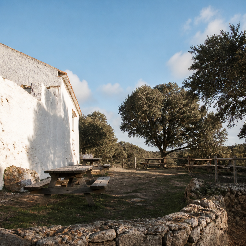 Mesas y bancos junto a la Ermita de Don Miguel, El Viso, en plena dehesa
