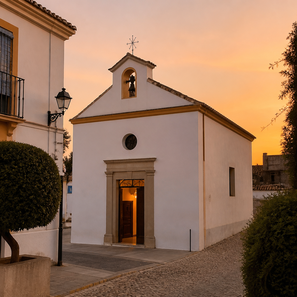 Ermita de San José de El Viso al atardecer, con la puerta abierta antes de la misa