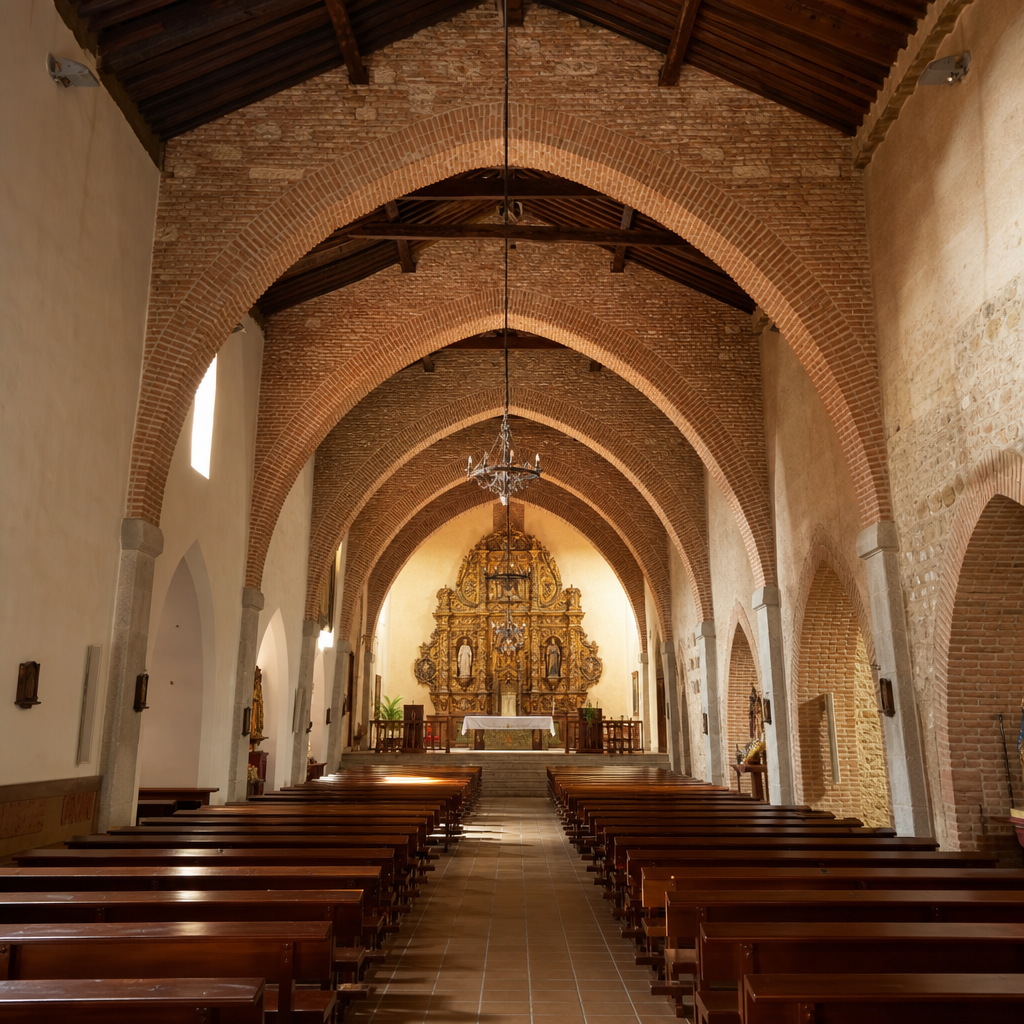 Nave interior con arcos apuntados de ladrillo en la iglesia de la Encarnación de El Viso, visita