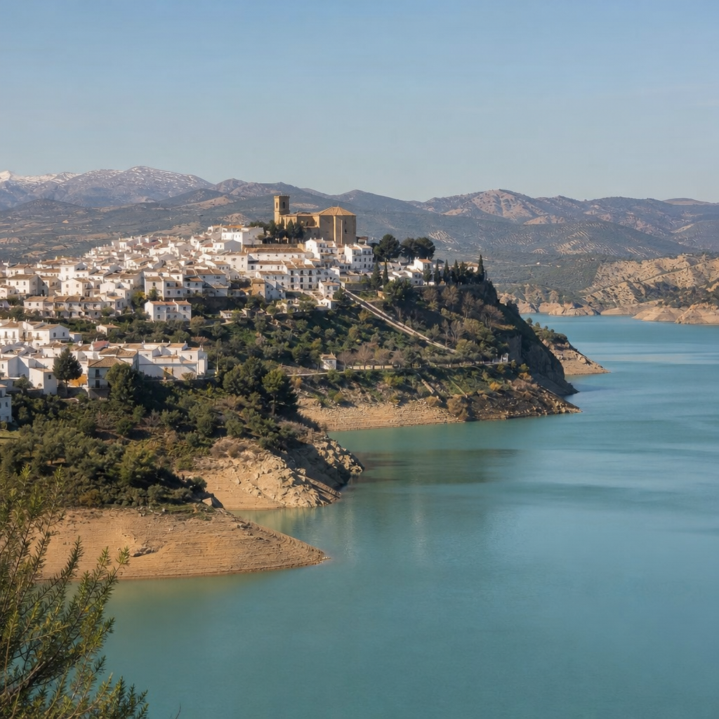 Pueblo de Iznájar sobre una península rodeada por las aguas del embalse del Genil
