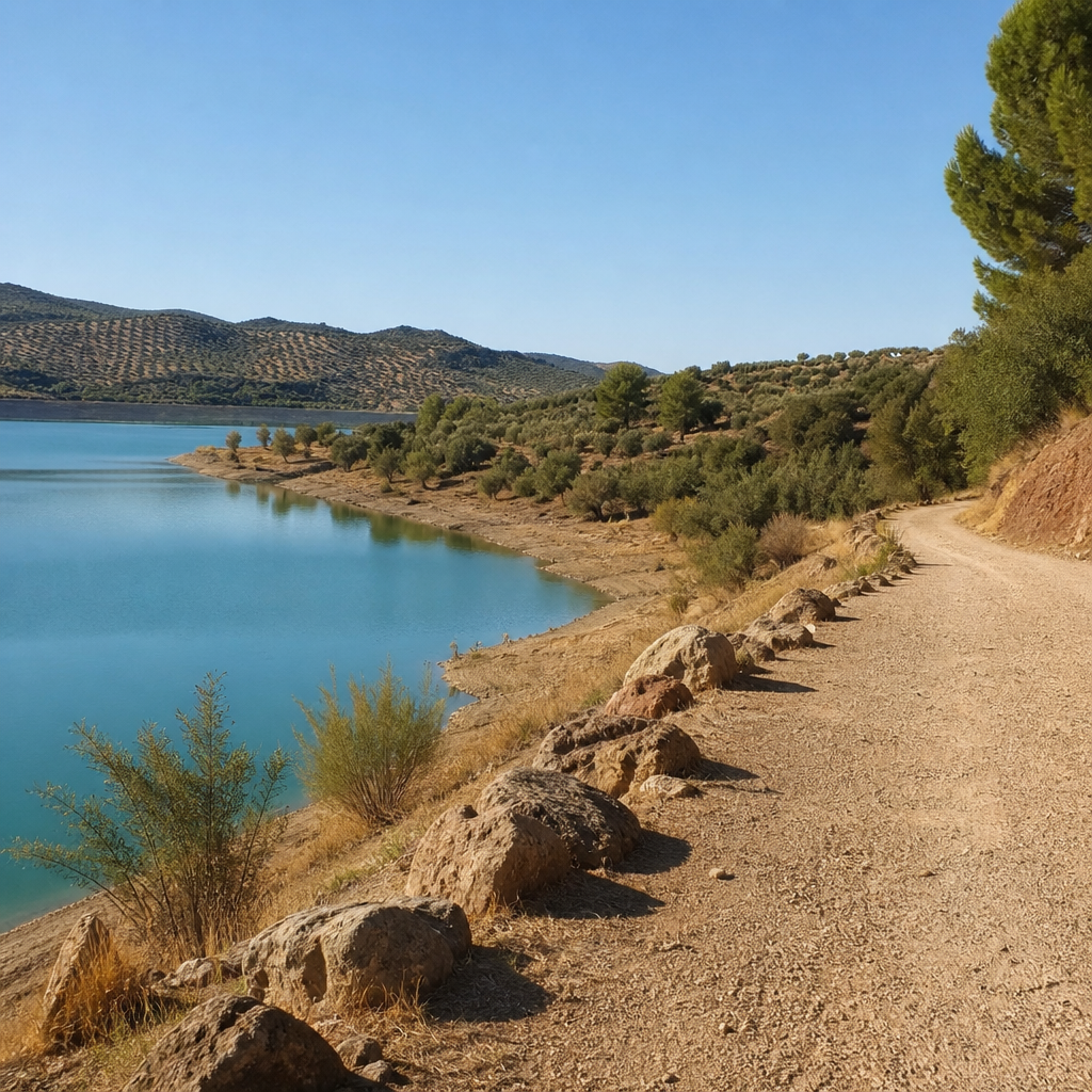 Orilla del embalse de Iznájar en Valdearenas con la marca del nivel del agua