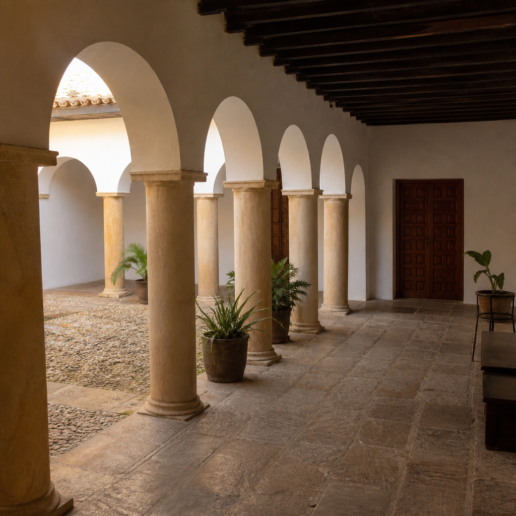 Patio porticado de la Casa de Justina Luque en Espejo con arcos de medio punto y columnas toscanas