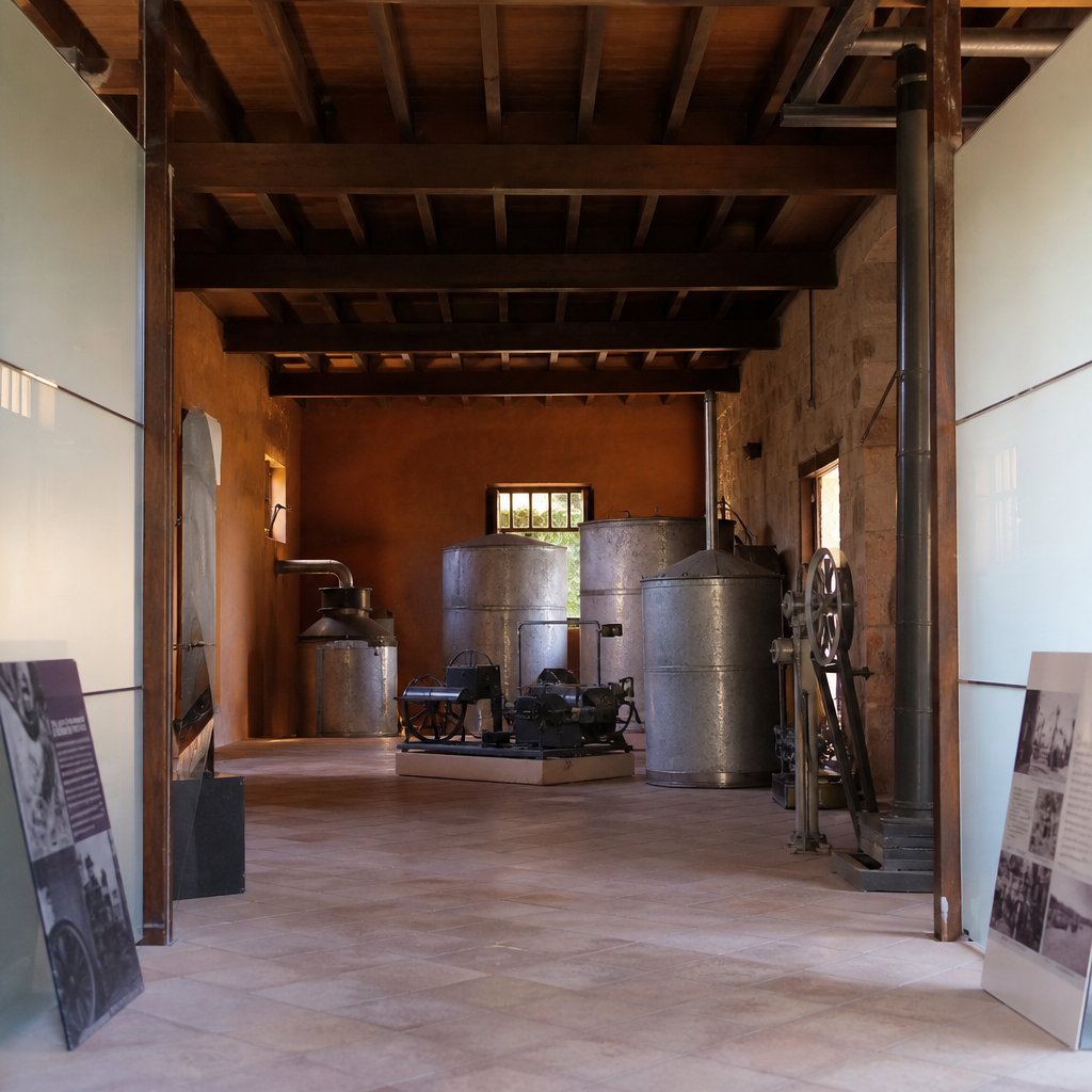 Exposición de la Casa del Agua de Espejo con motores antiguos y útiles para almacenar agua