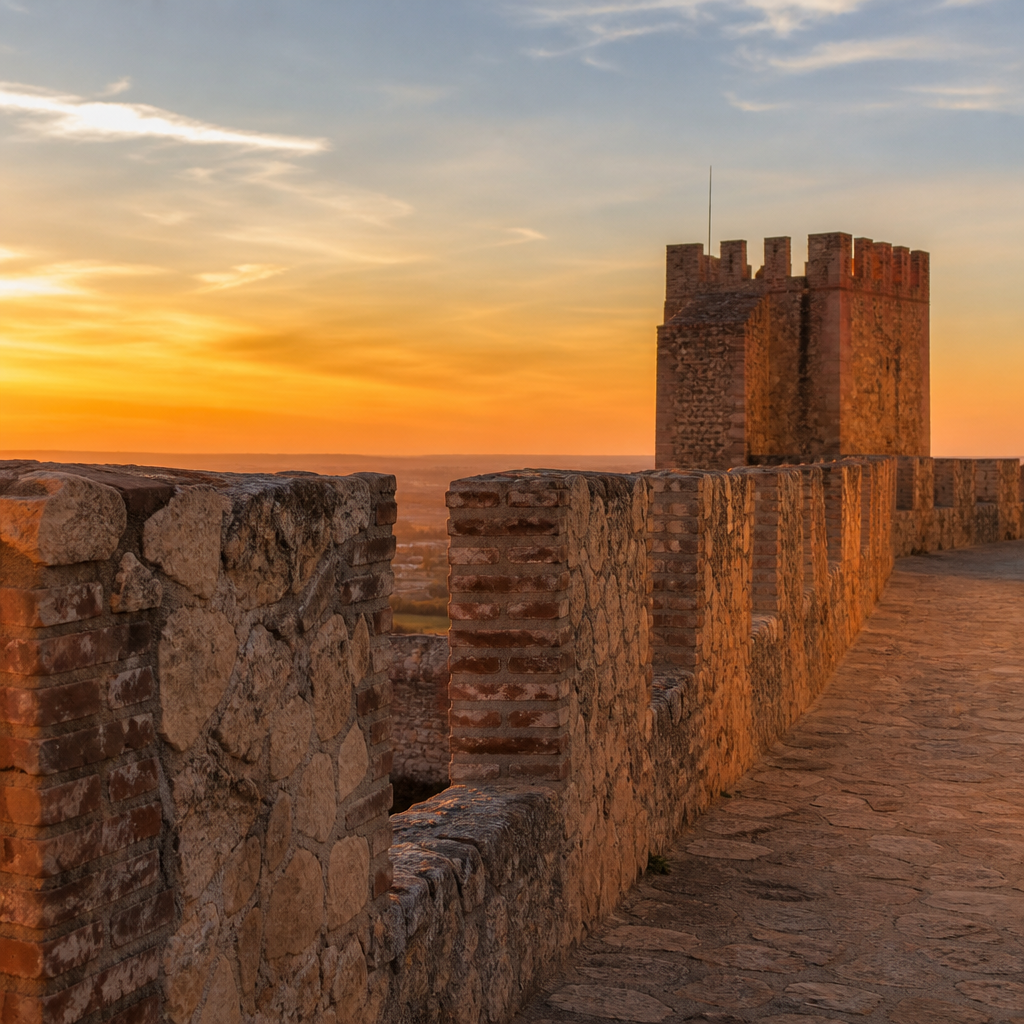 Adarve almenado y torre esquinera del Castillo Ducal de Pay Arias en Espejo