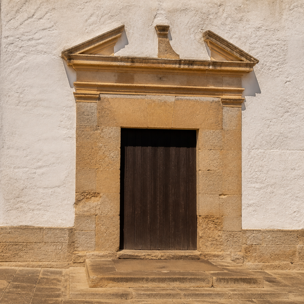 Portada de piedra de la Ermita de Santa Rita en Espejo con dintel y cornisa