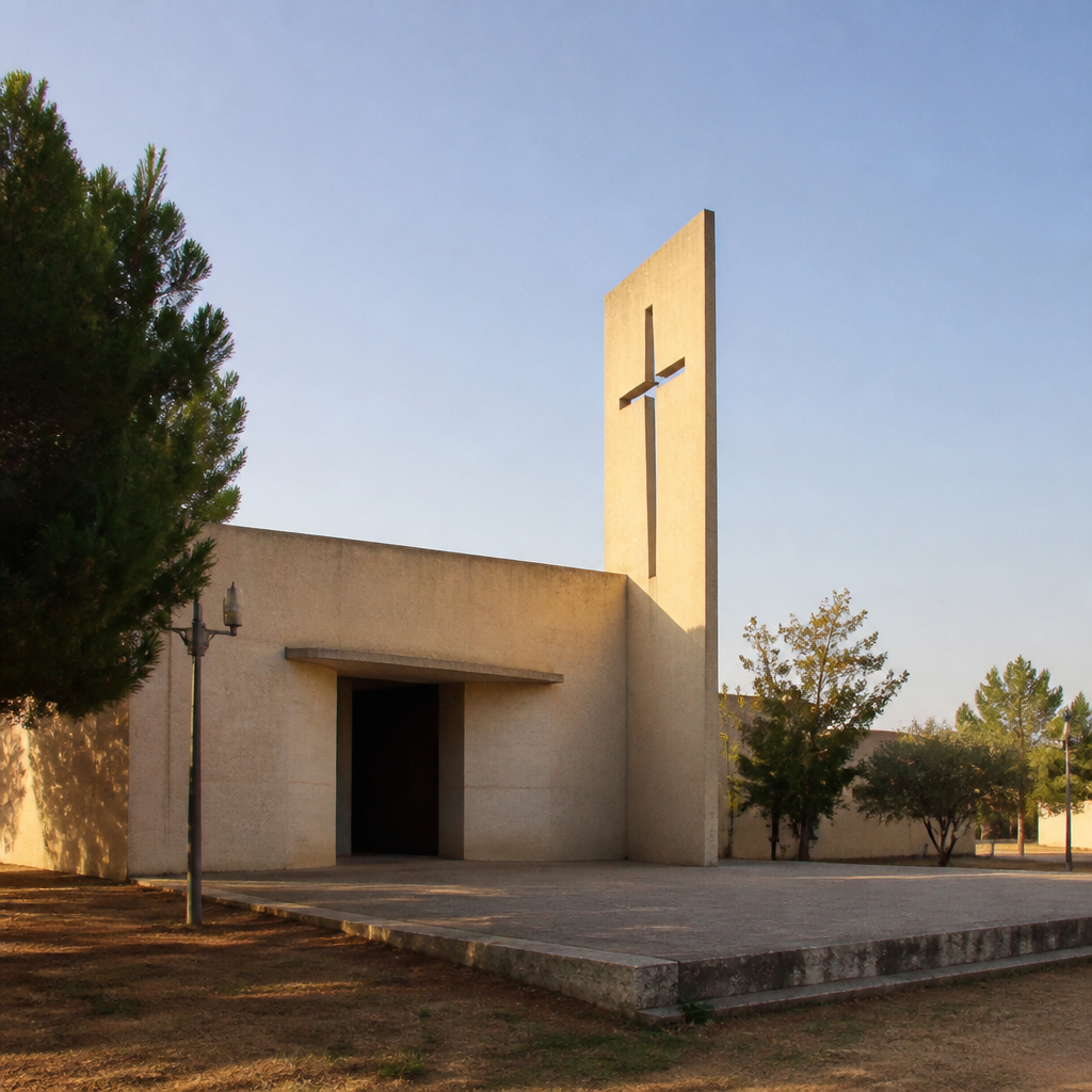 Iglesia y espadaña de hormigón del poblado de trabajadores de la central térmica de Puente Nuevo, Espiel