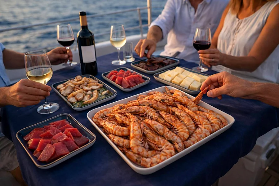 Recreación ilustrativa: Comida o cena privada gourmet en velero