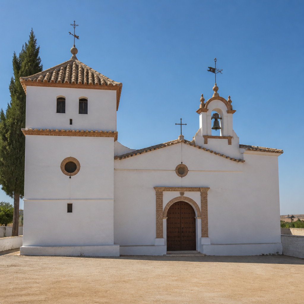 Fachada, espadaña y torreón de la Ermita del Calvario en Fernán Núñez