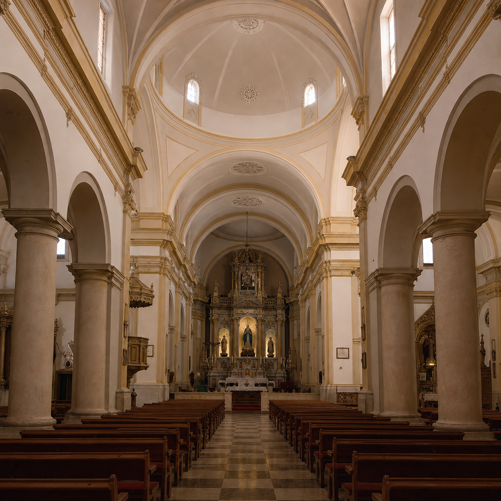 Interior de la Parroquia de la Vera Cruz de Fernán Núñez con sus tres naves y cúpula del crucero