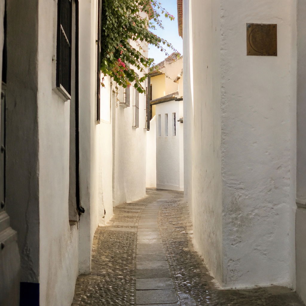 Calle estrecha de la Judería con una pequeña placa de bronce en la pared.