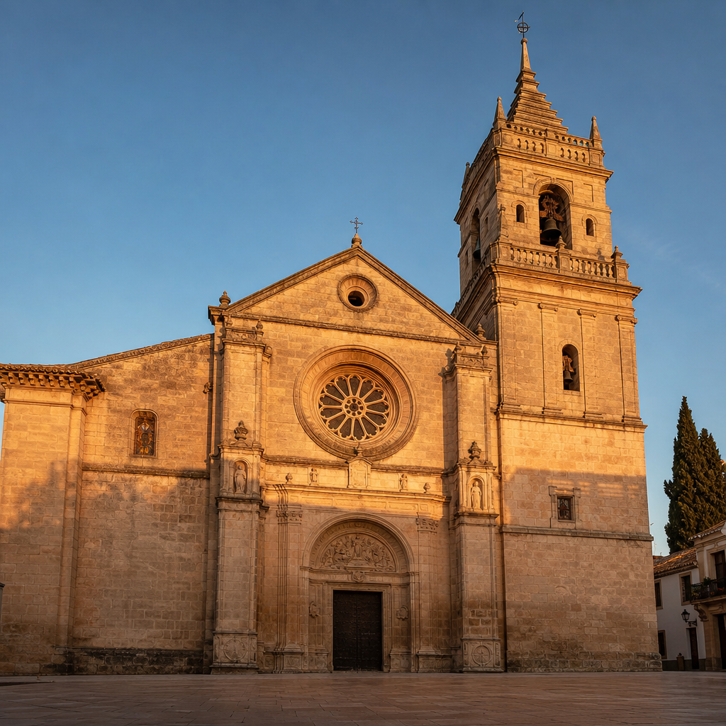 Fachada, rosetón y torre de la iglesia de San Lorenzo al atardecer.
