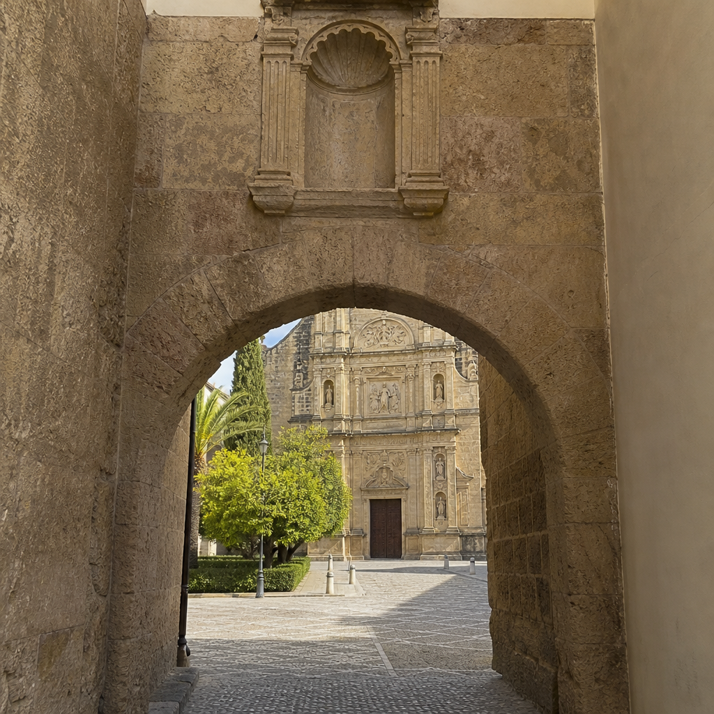 Arco de piedra del compás de San Francisco enmarcando la iglesia de San Francisco y San Eulogio.