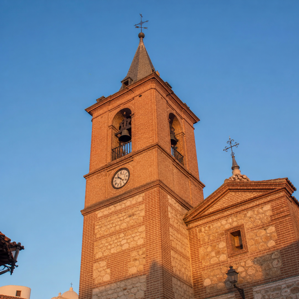 Torre con campanario, reloj y veleta de la iglesia de Fuente Carreteros