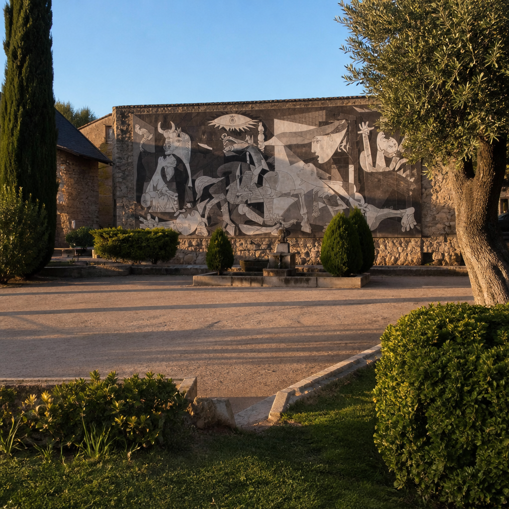 Plaza ajardinada con el Mural del Guernica en Fuente Carreteros