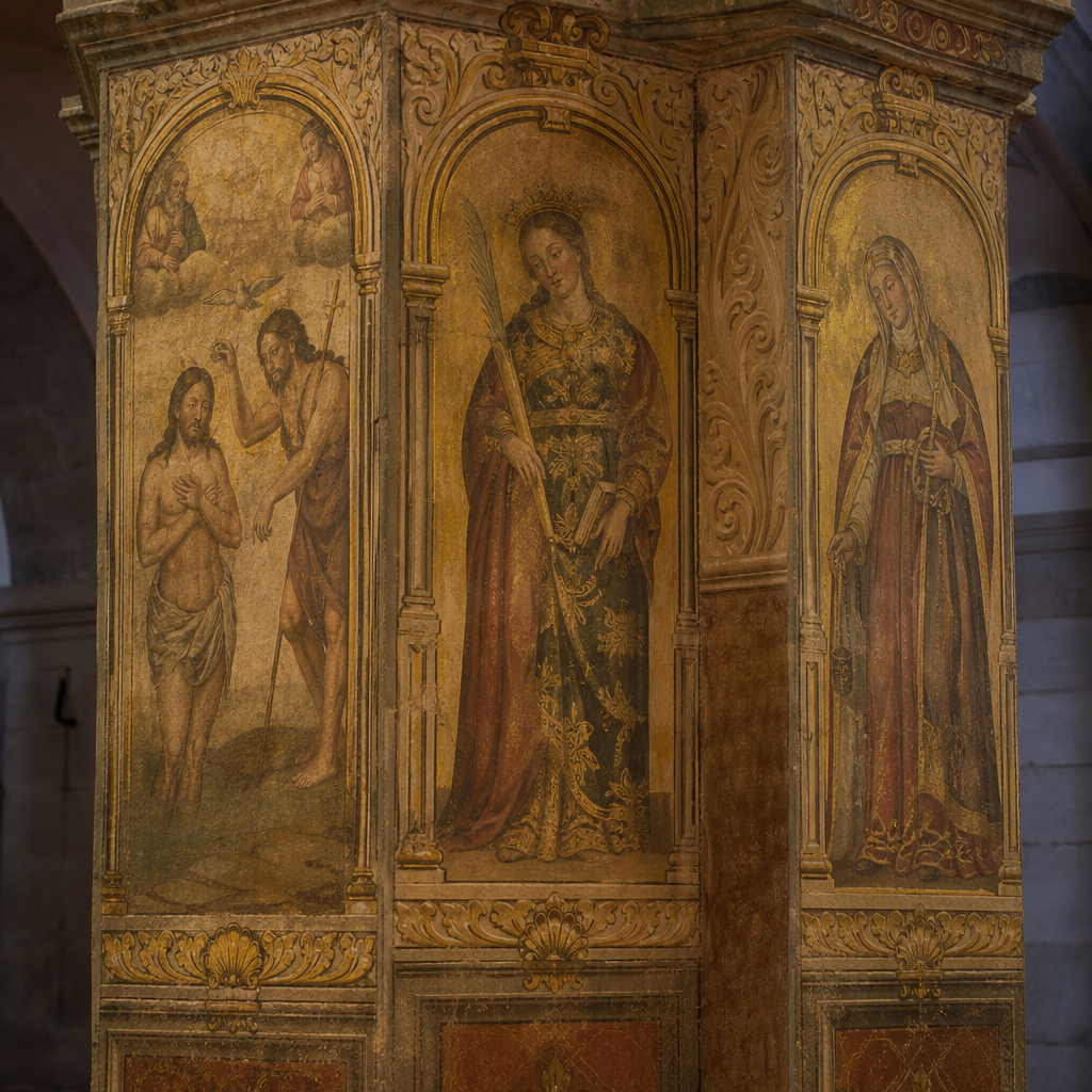 Pinturas murales del Bautismo de Cristo en un pilar de la nave del Evangelio.