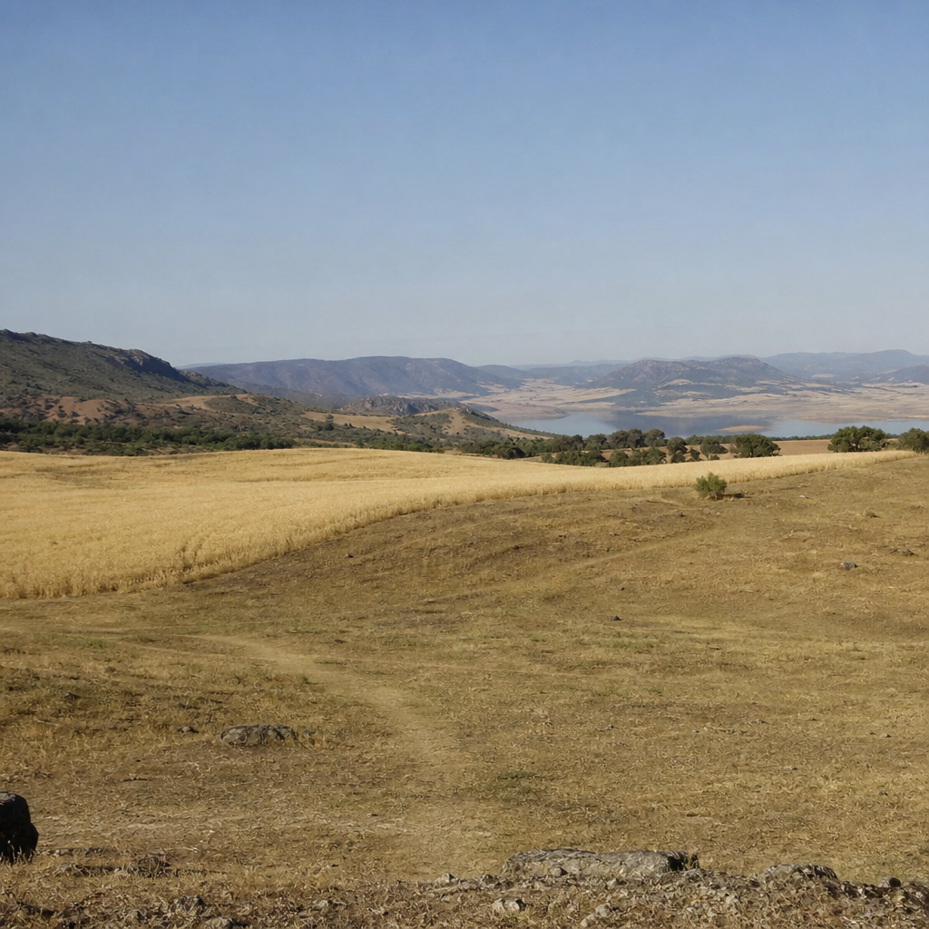 Campos sin excavar en el entorno del Cerro Masatrigo, donde los restos romanos permanecen bajo tierra.