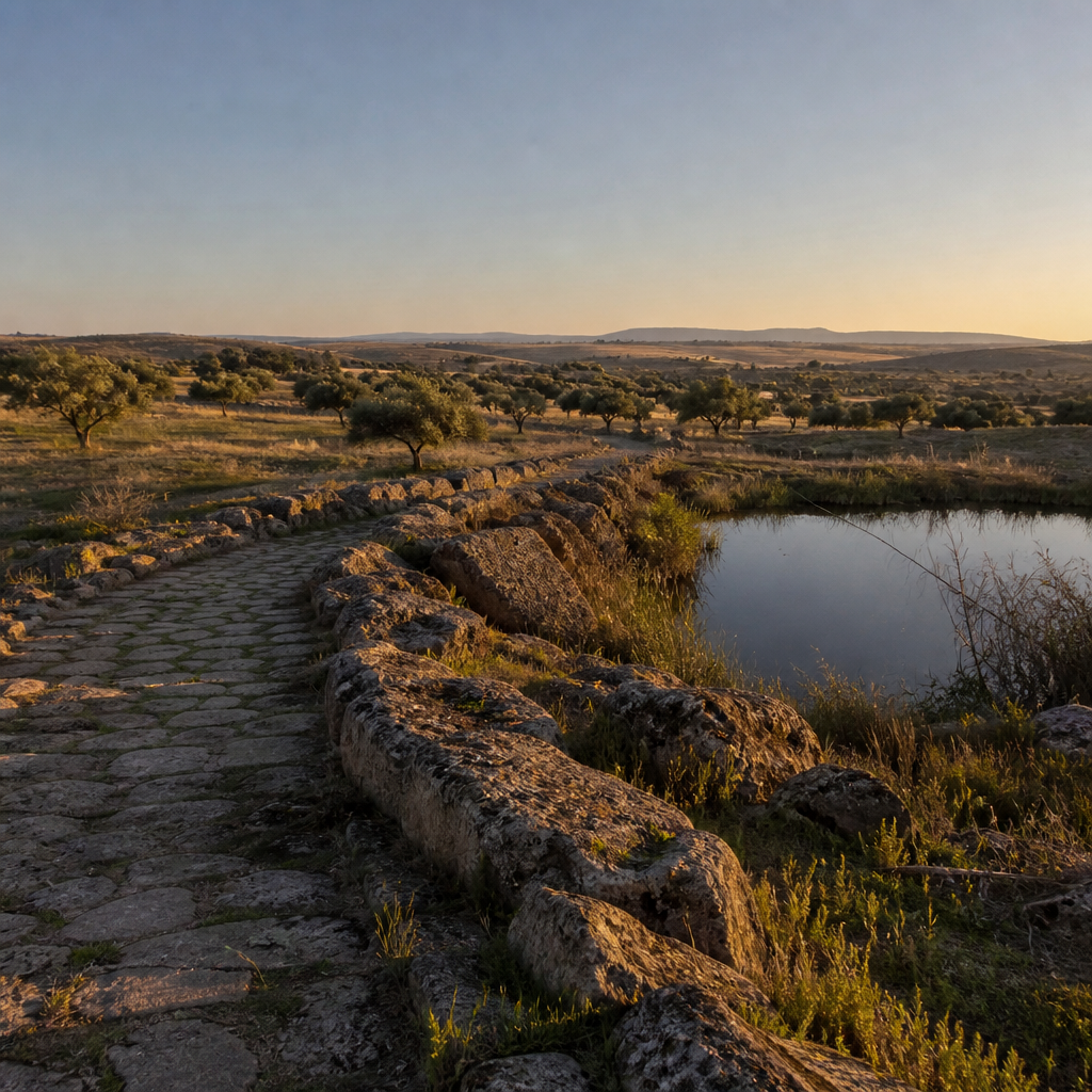 Vista amplia de los campos y relieves del entorno de Mellaria.