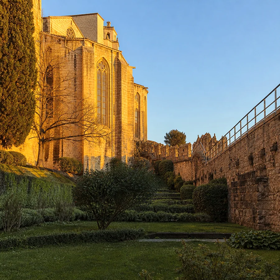 Recreación ilustrativa: Jardins de la Francesa de Girona bajo los ábsides de la catedral, escenario de la leyenda de la botifarra dolça