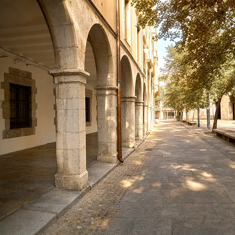 Recreación ilustrativa: Plaça de la Independència de Girona con soportales, antiguo núcleo de las Fires de Sant Narcís