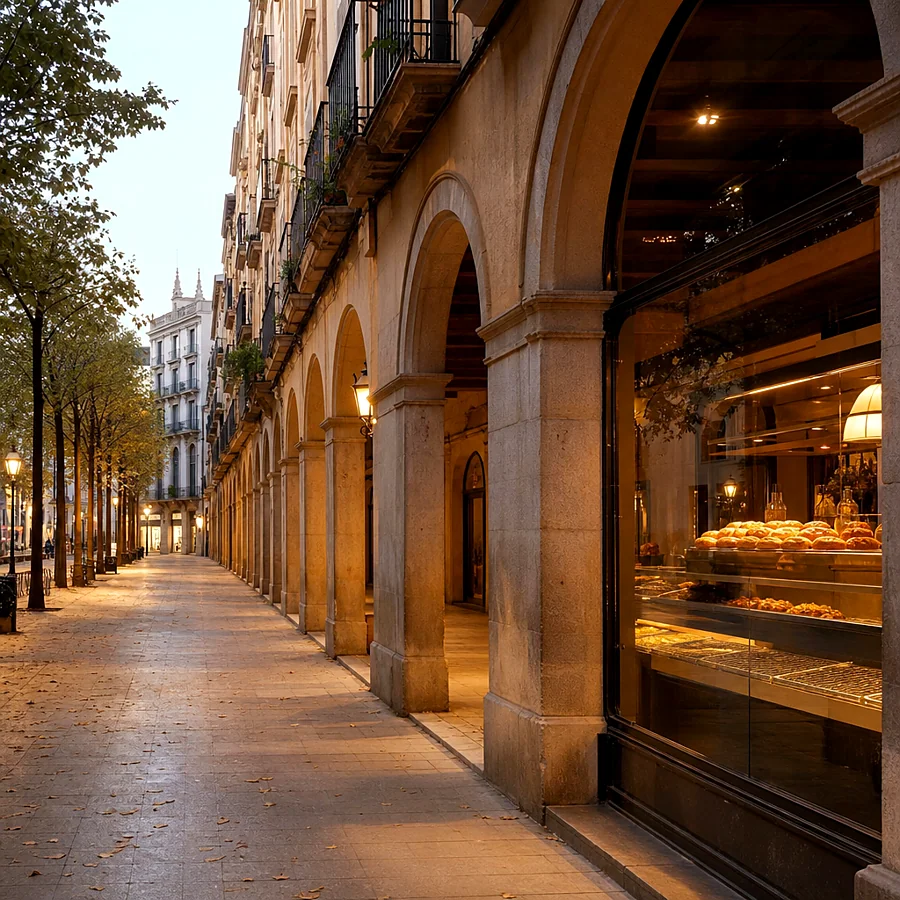 Recreación ilustrativa: Soportales de la Rambla de la Llibertat de Girona con comercios de xuixo
